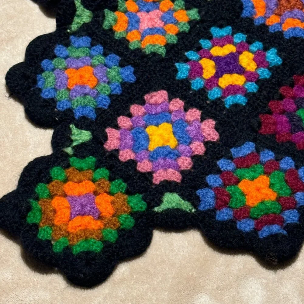 Vintage Hand Crocheted Granny Squares Quilt 63” x 50” black trim colorful vibran